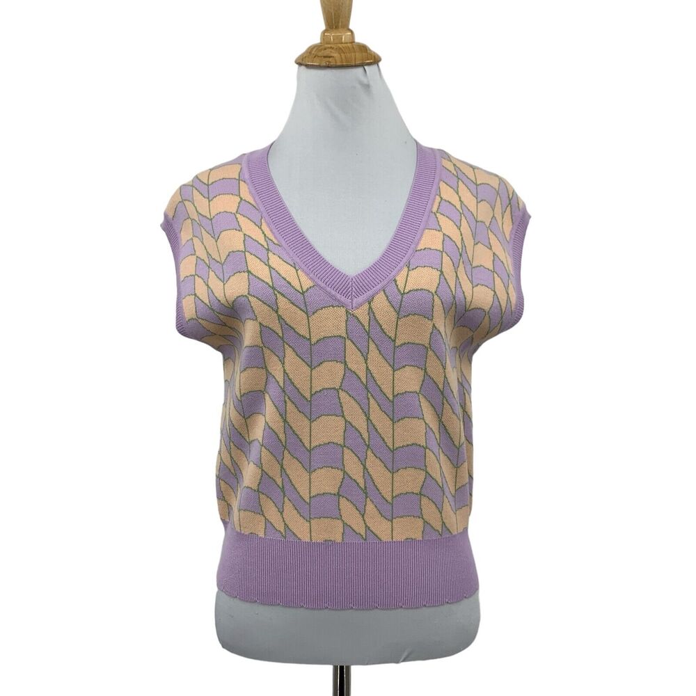 Current Air Sweater Women L Large Lilac Creamsicle Funky Ribbed Knit V Neck Vest